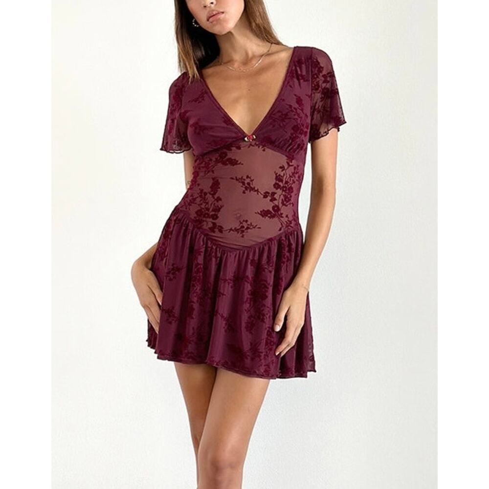 Motel Rocks Red Velvet Mini Dress Lace Corset Panel Rosebud Detail